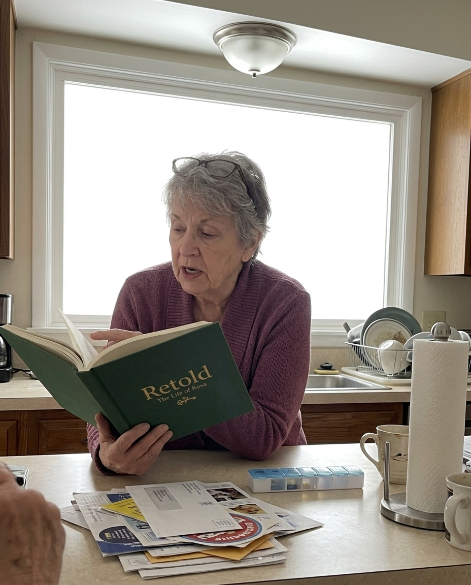 Grandma with her Retold book in the kitchen