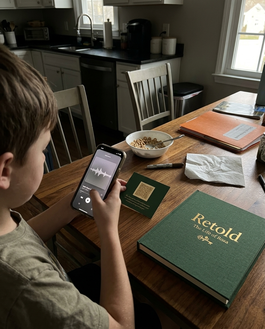 A boy scanning the gold voice code on a RETOLD page to hear grandma's voice